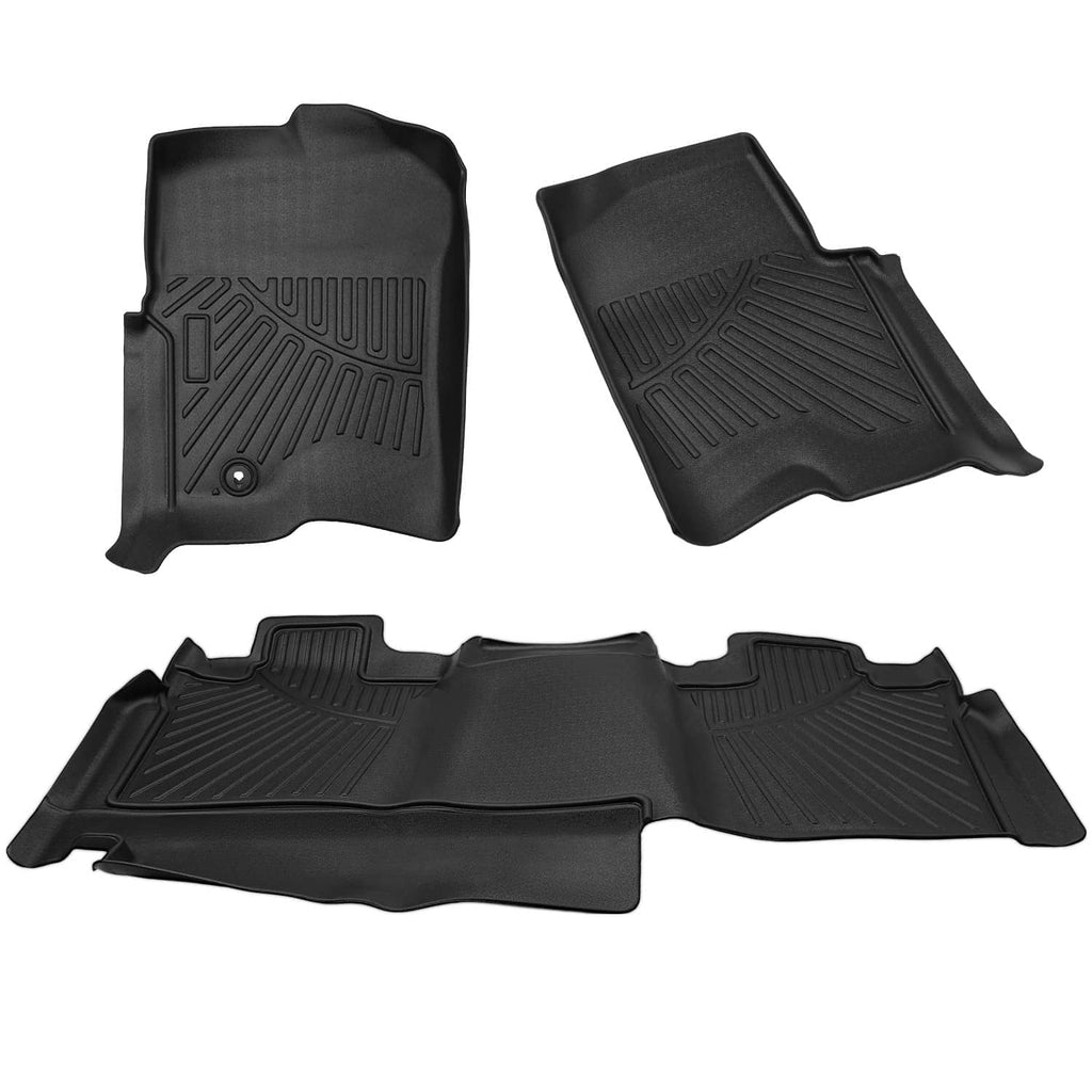 Black TPE floor mats set with two front and one rear molded pieces, ridged surface