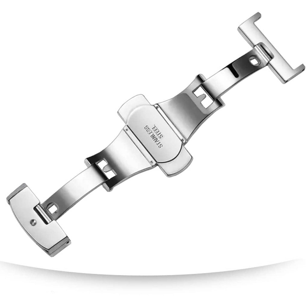 Silver deployant watch clasp with latch and spring details, viewed from side