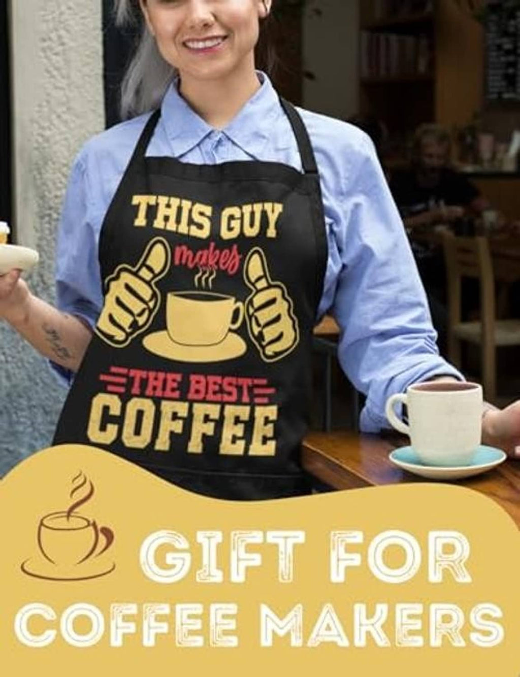 Black coffee apron with “THIS GUY makes the best coffee” graphic and front pocket