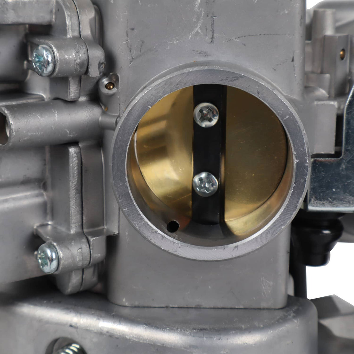 Carburetor bore with brass interior parts and two visible screws