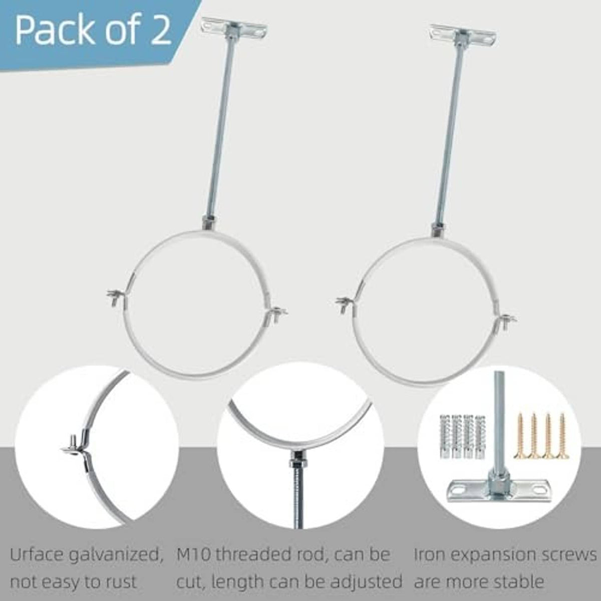 Pair of adjustable pipe hanger brackets with white rings, galvanized rods, included mounting screws