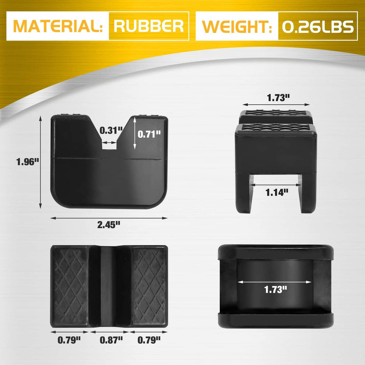 Black rubber jack pad set with grooved, vented top and U-shaped base