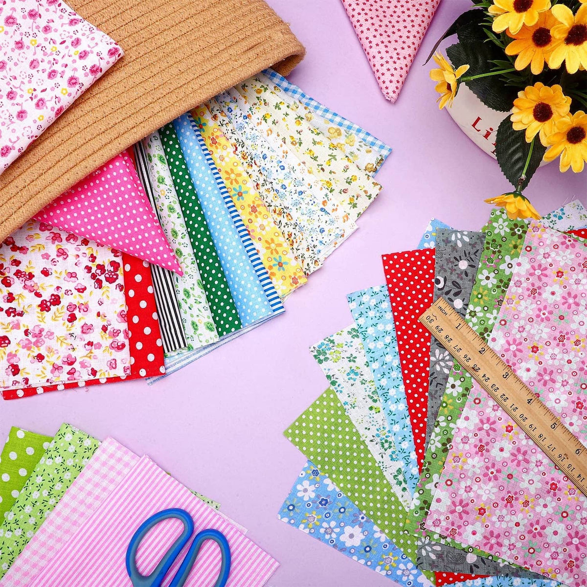 Multicolor cotton fabric squares with floral, polka-dot, and stripe patterns