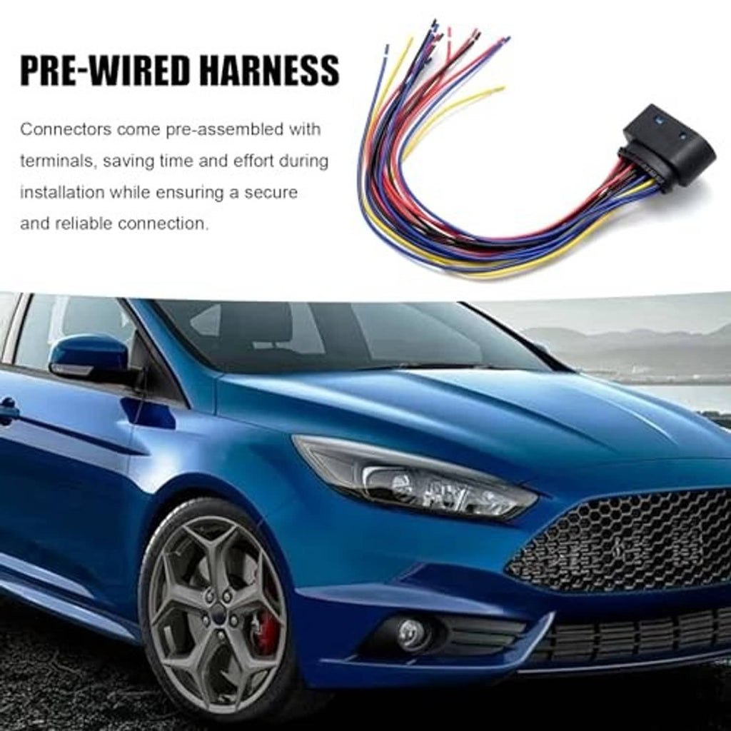 Pre-wired 14-pin headlight connector pigtail plug with multicolor harness and black plug end