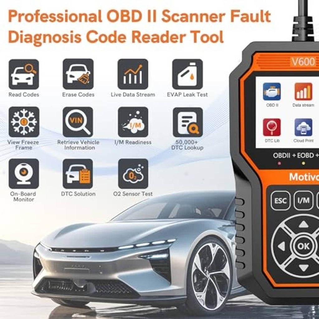 OBD II scanner tool with V600 display, circular control dial, and connected cable
