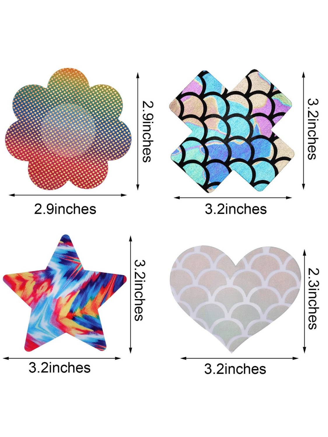 Glitter nipple covers size chart: flower 2.9 in, scallop heart and star 3.2 in