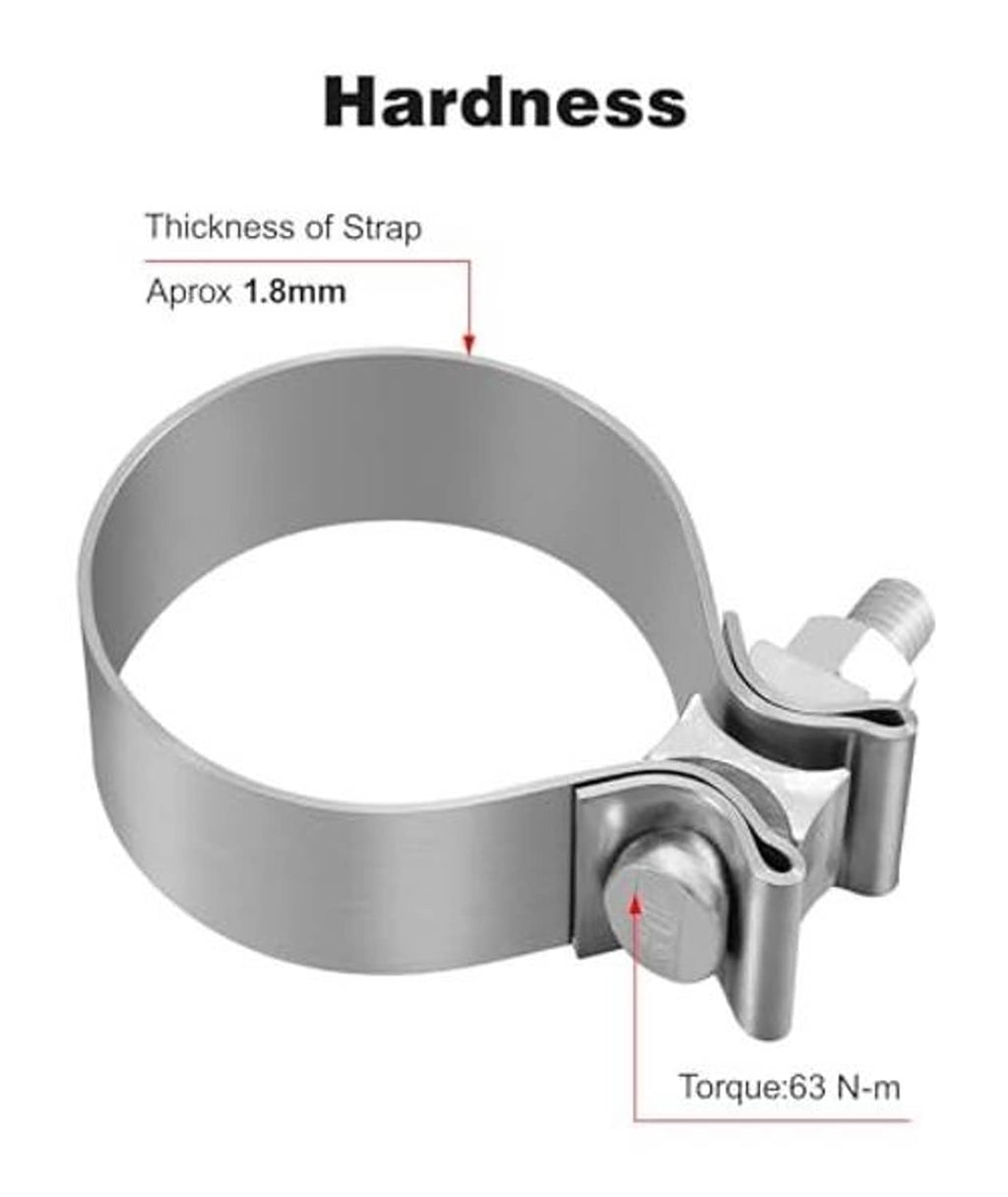 Stainless exhaust clamp with thick strap and torque tightening bolt
