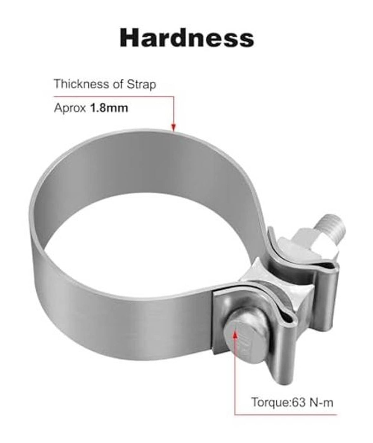 Stainless exhaust clamp with thick strap and torque tightening bolt
