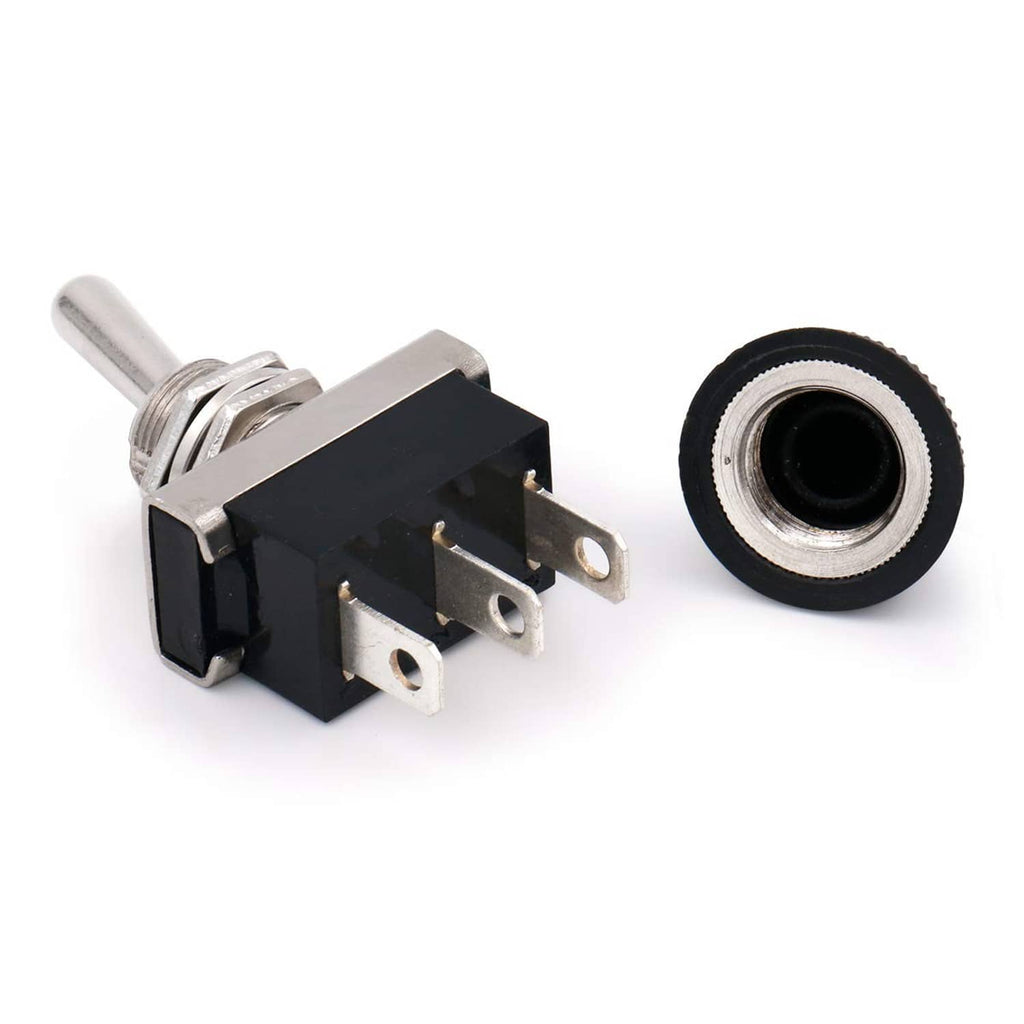 Car toggle switch with exposed metal pins and black bushing, 3-terminal design