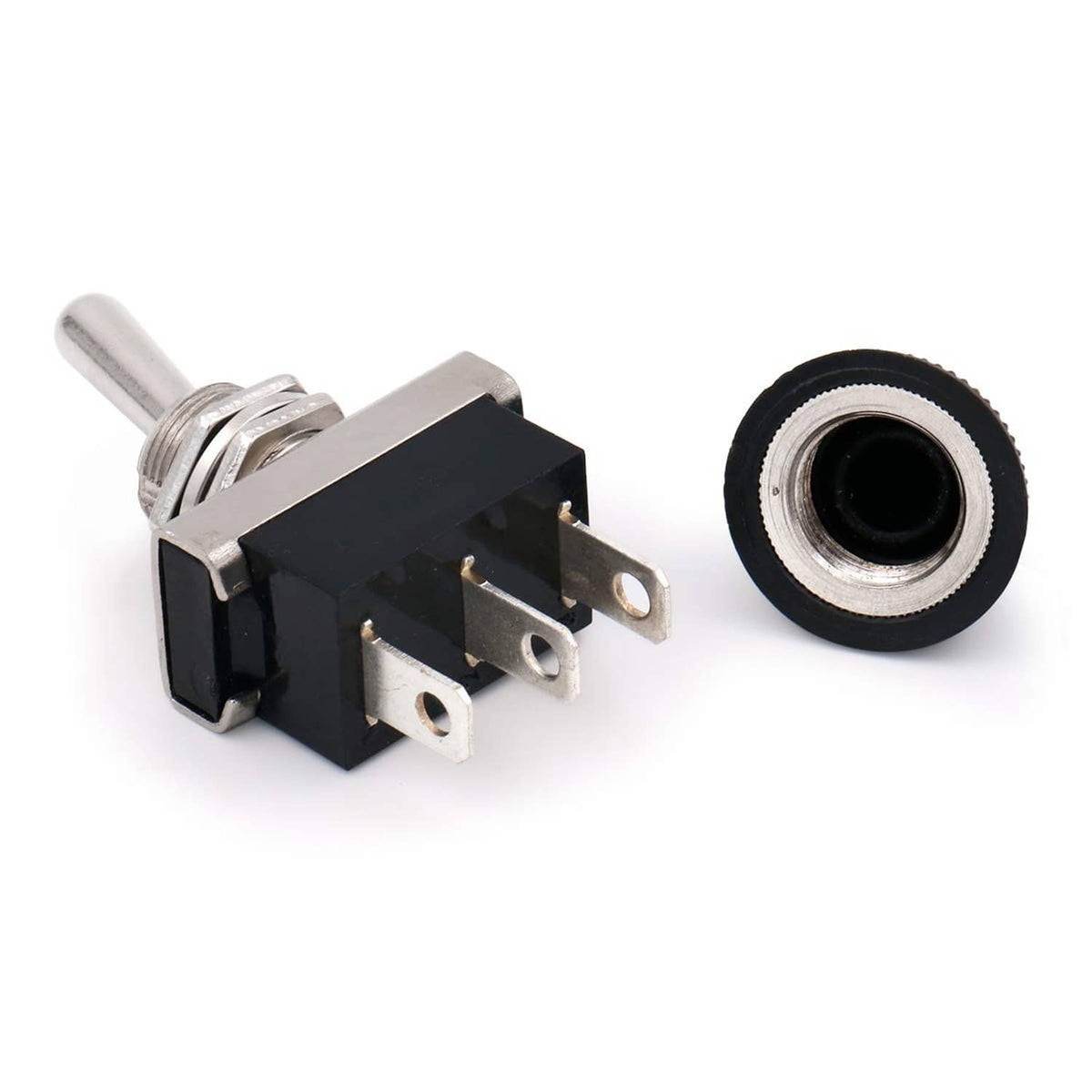 Car toggle switch with exposed metal pins and black bushing, 3-terminal design