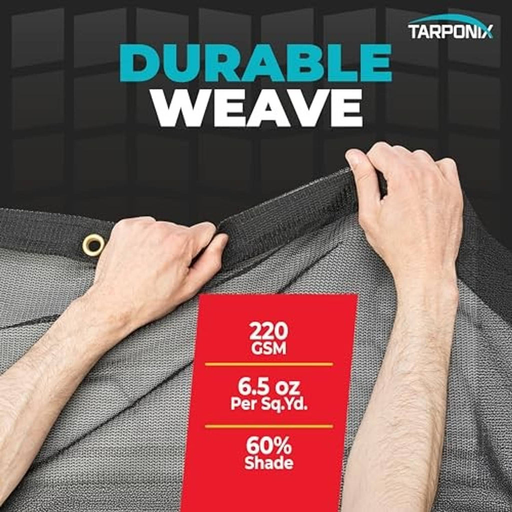 Black mesh shade tarp with durable weave texture and brass grommet