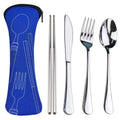 Blue fabric silverware pouch holding fork, knife, and spoon with polished handles
