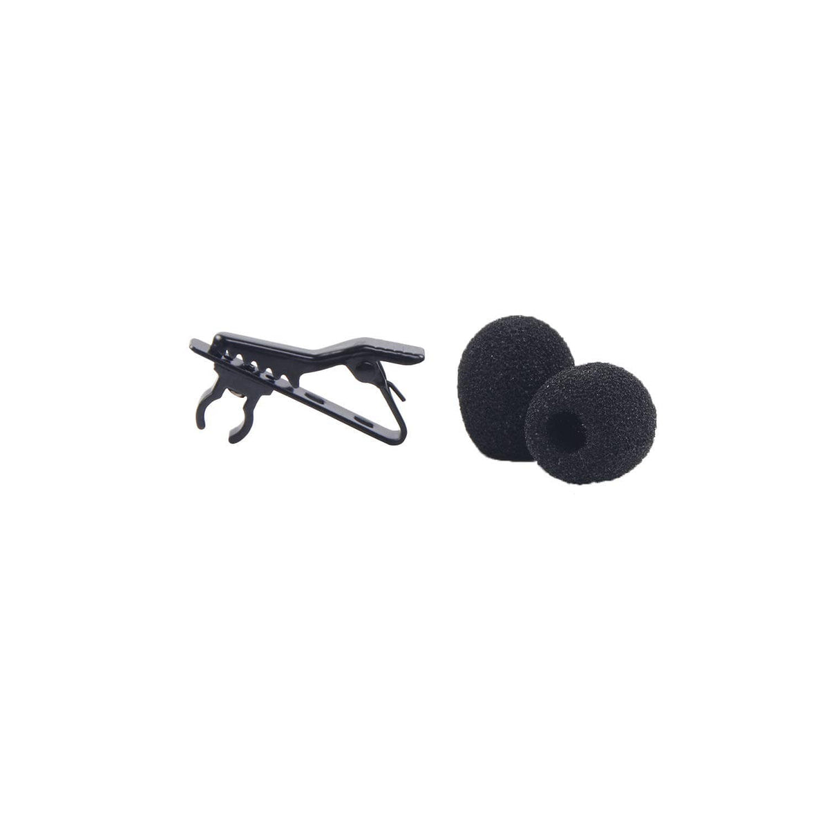 Black mini lapel mic clips with attached foam windscreens
