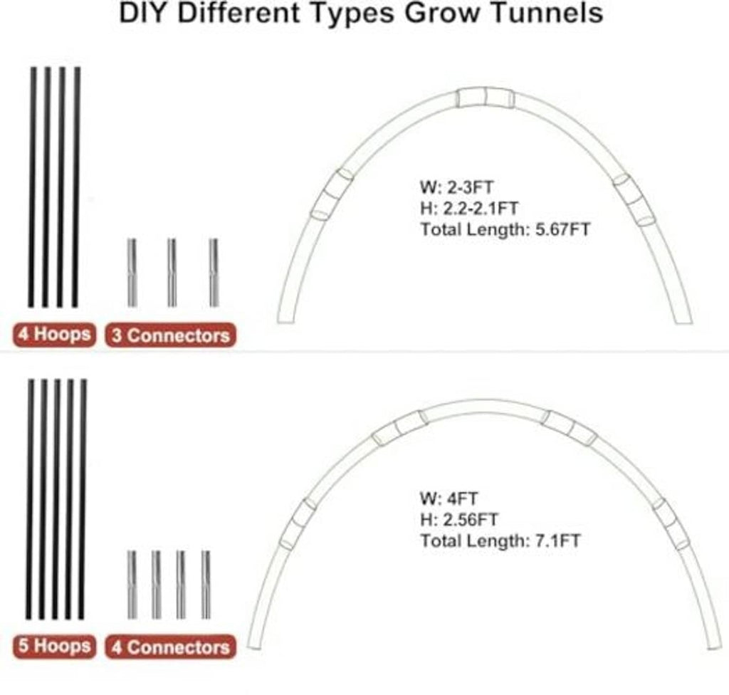 Garden grow tunnel hoops diagram with connectors and labeled lengths