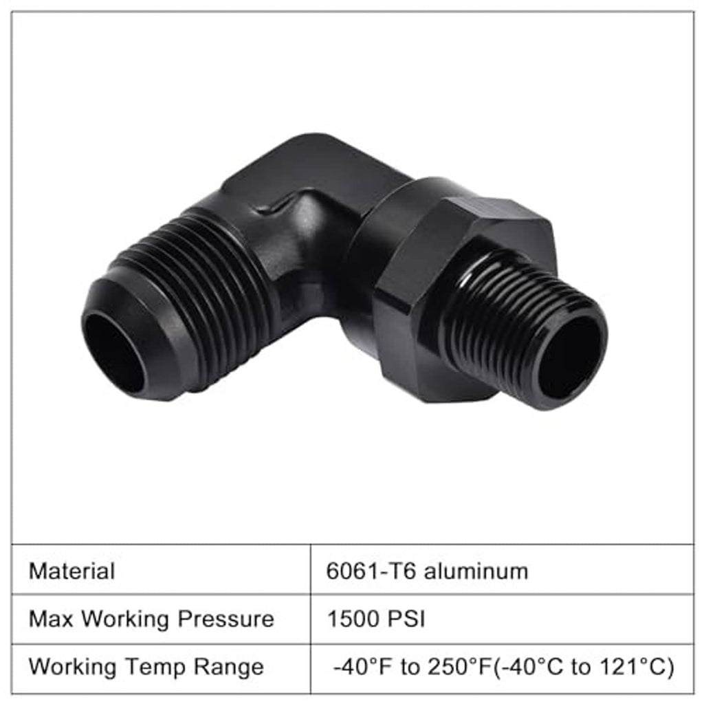 Black 90-degree swivel adapter fitting; 6061-T6 aluminum body with threaded ports