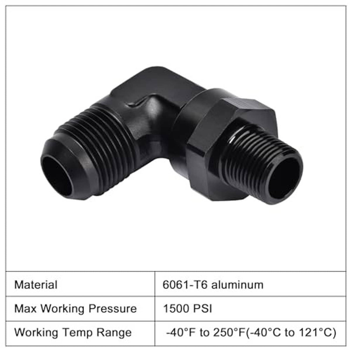 Black 90-degree swivel adapter fitting; 6061-T6 aluminum body with threaded ports