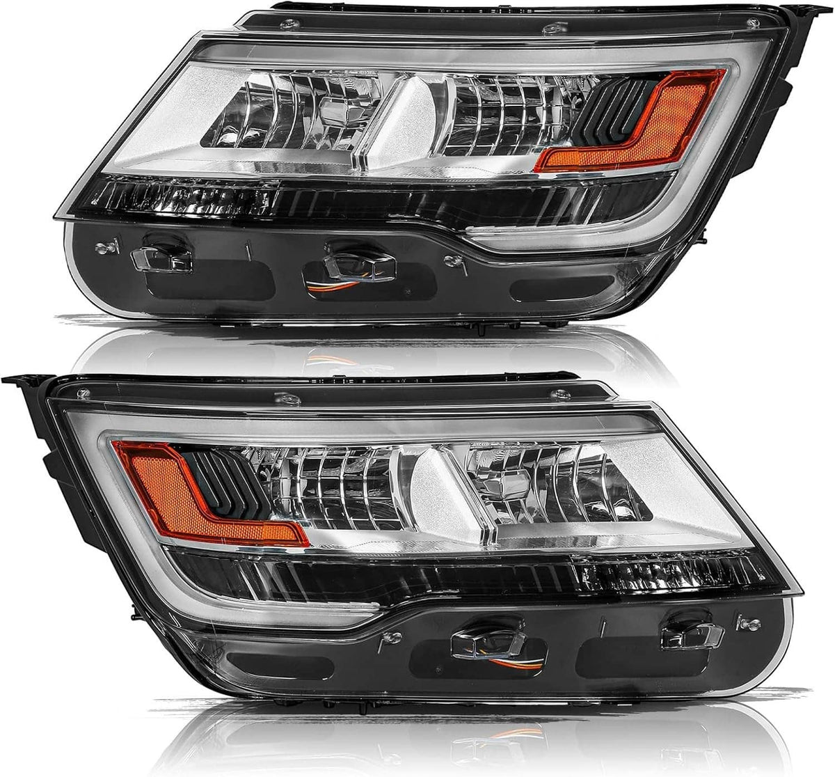 Pair of front headlight assemblies with chrome reflector, clear lens, and amber insert