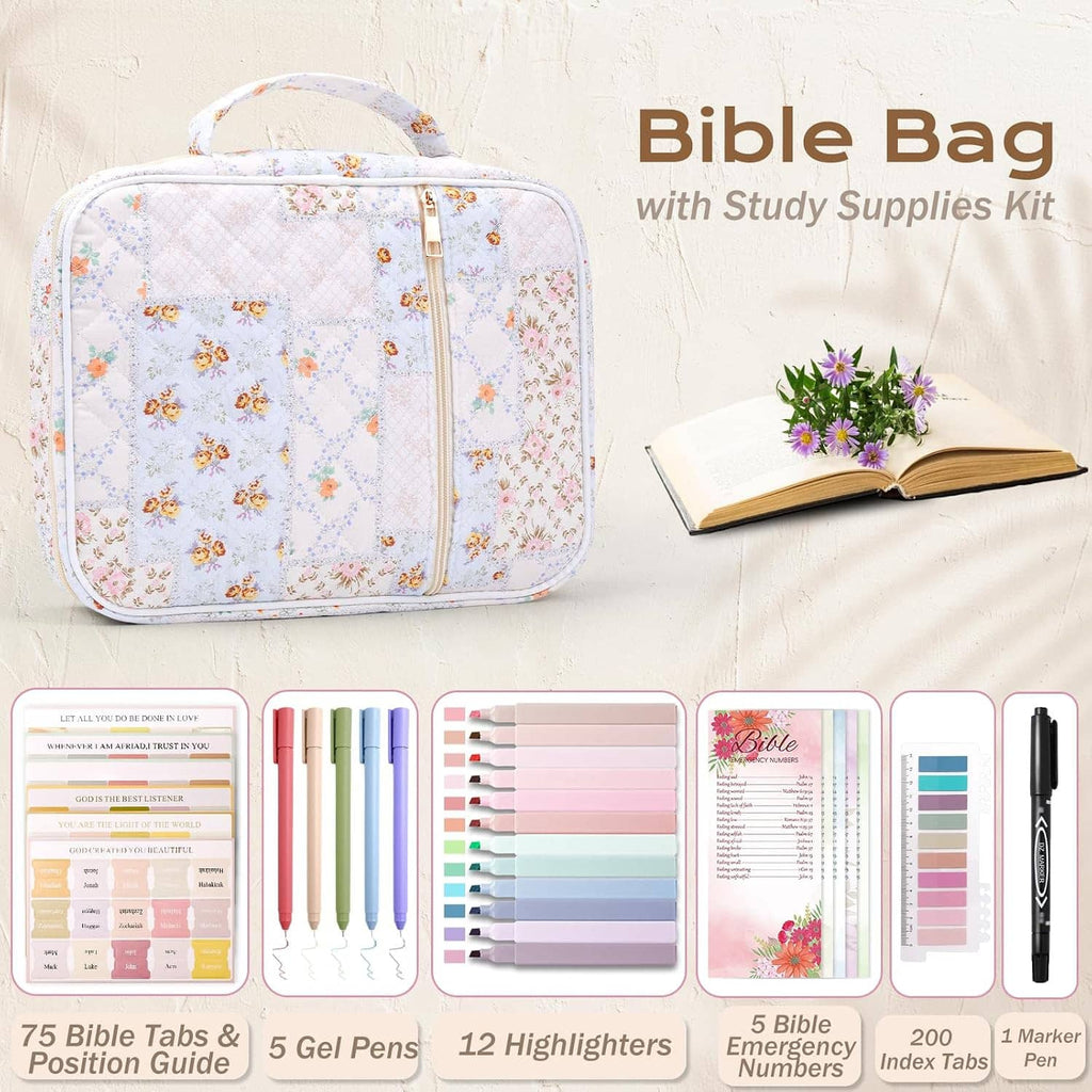 Floral Bible bag with zipper, front view and open compartments with study tabs and pens