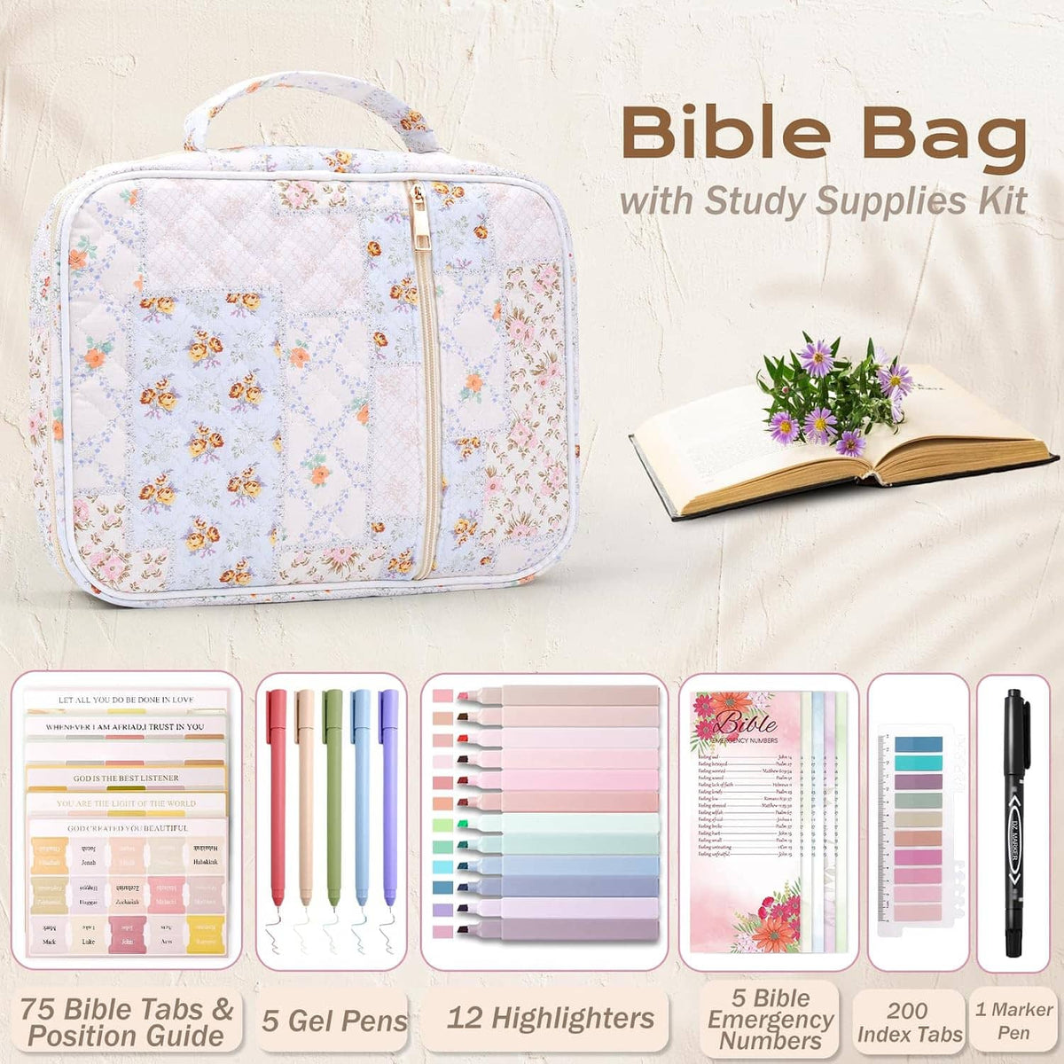 Floral Bible bag with zipper, front view and open compartments with study tabs and pens