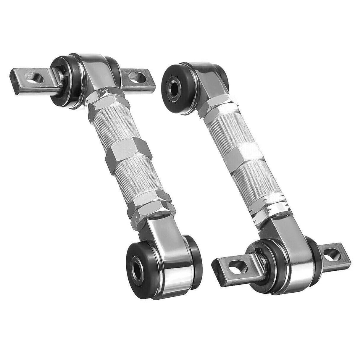 Adjustable rear camber control arm rods with metal brackets and rubber bushings