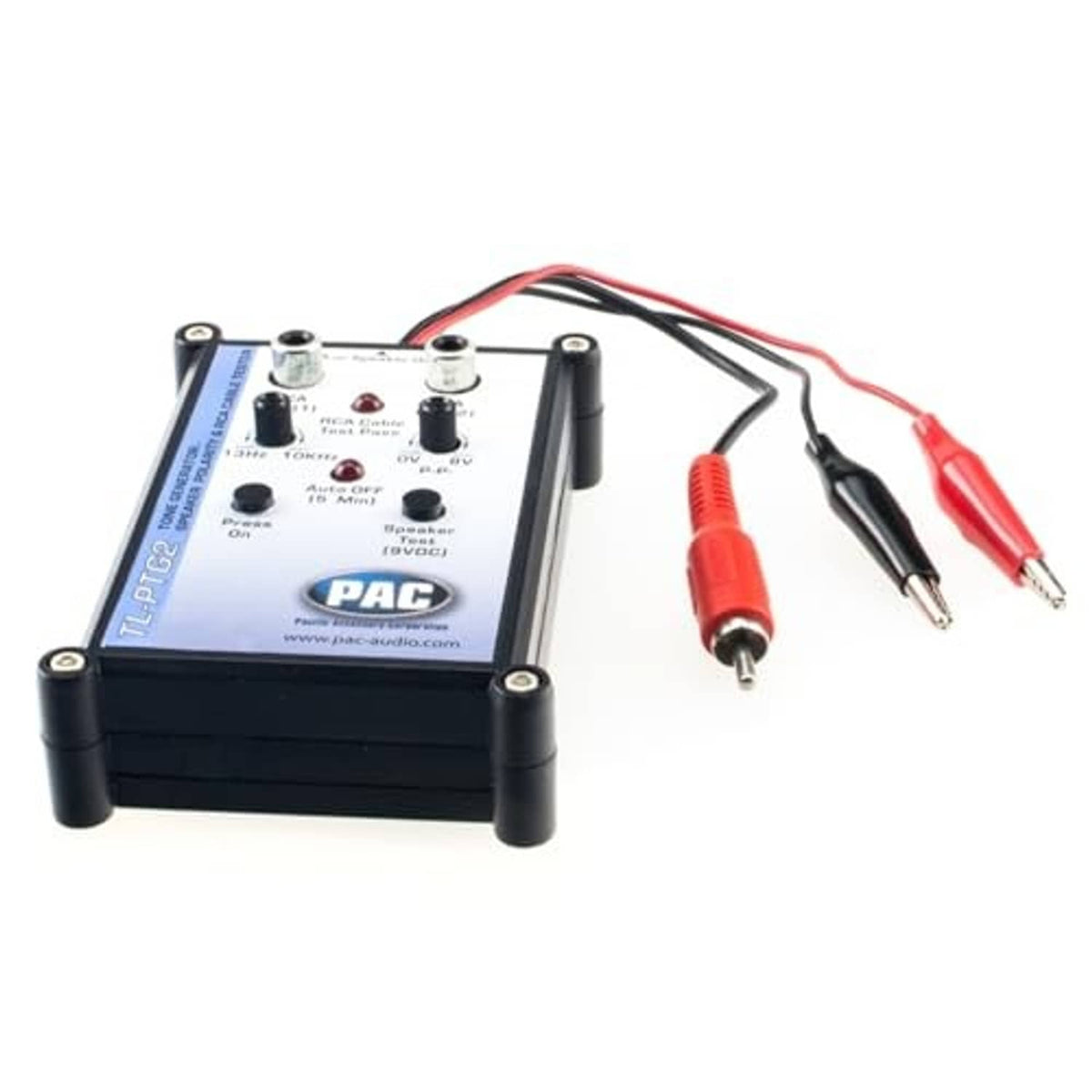 Tone generator and polarity tester with red speaker leads and RCA cable tester