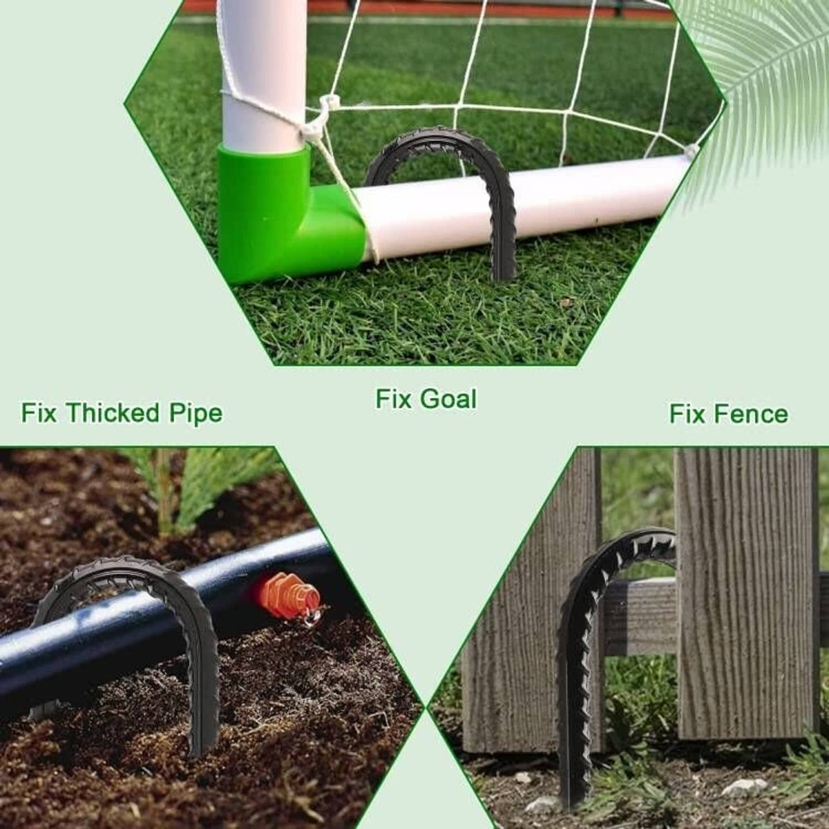 Black J hook rebar stakes securing tubing and fence applications in soil