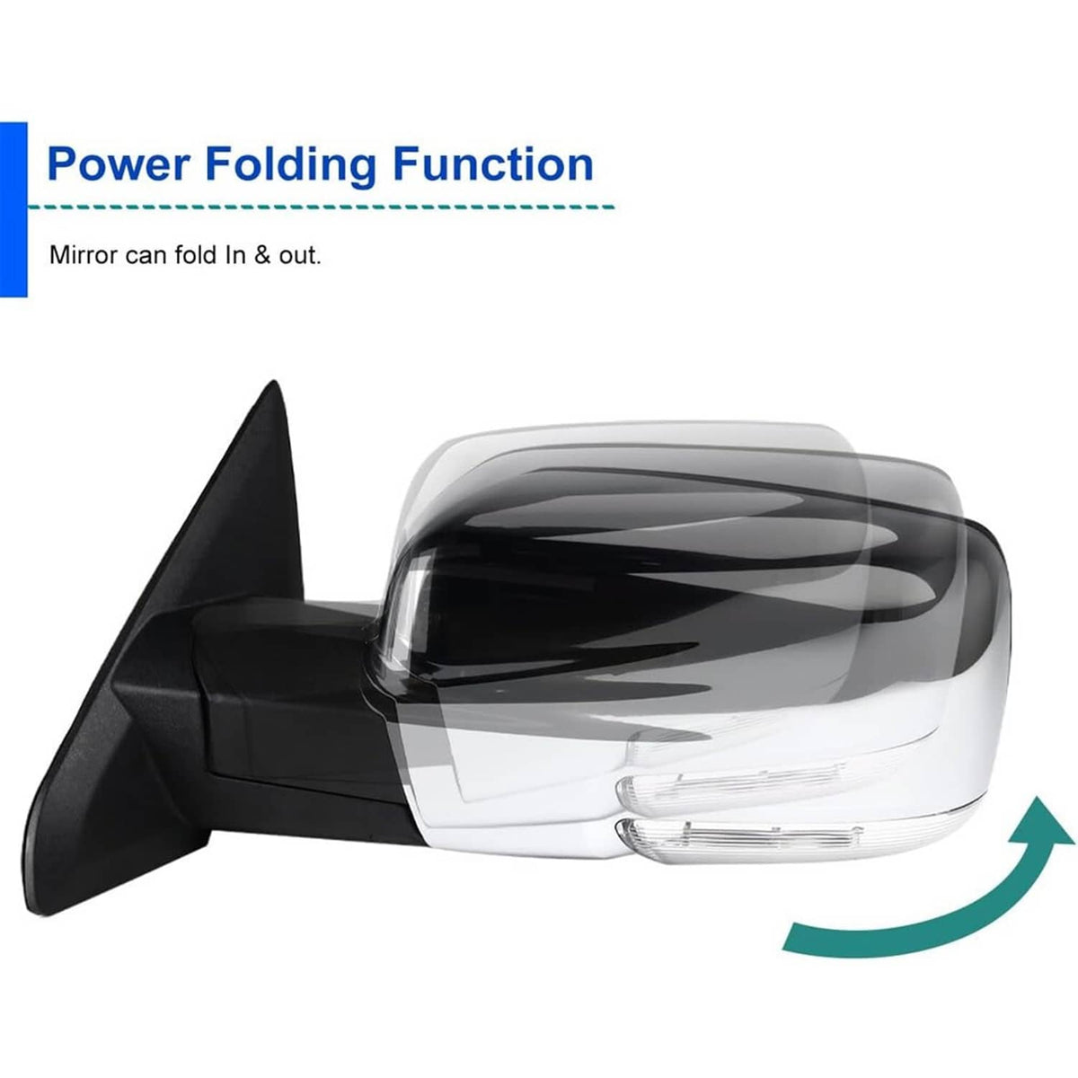 Left side power-folding mirror showing folded-out motion and clear turn signal lens
