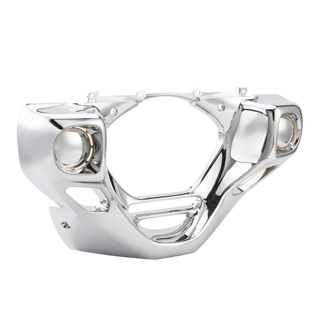 Chrome engine front cowl cover angled view, glossy panel with round openings