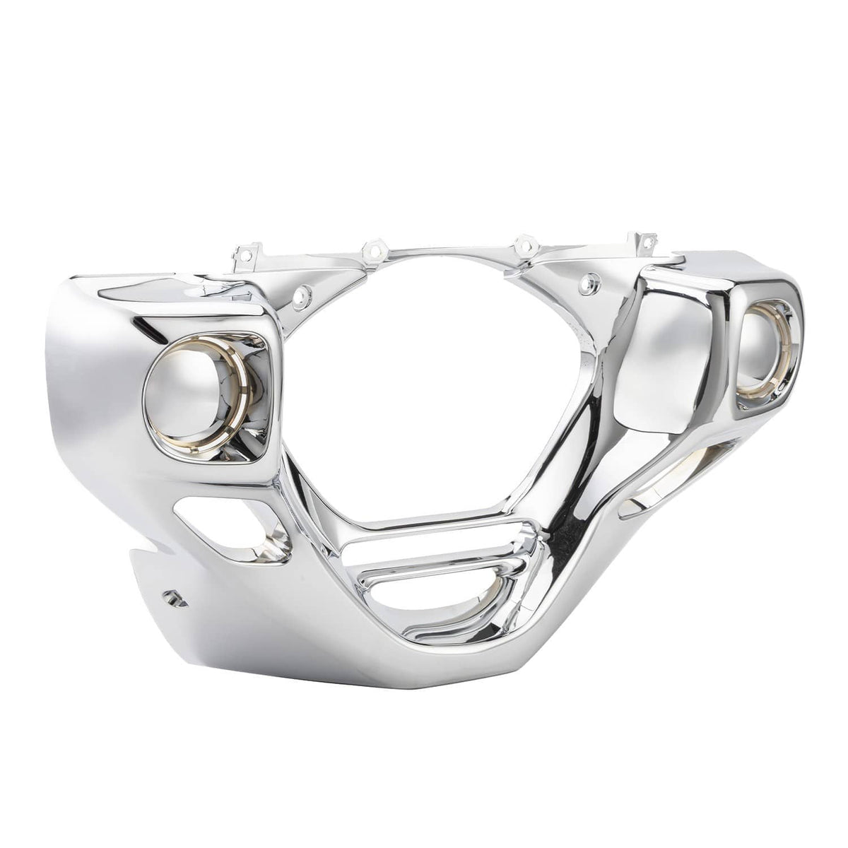 Chrome engine front cowl cover angled view, glossy panel with round openings