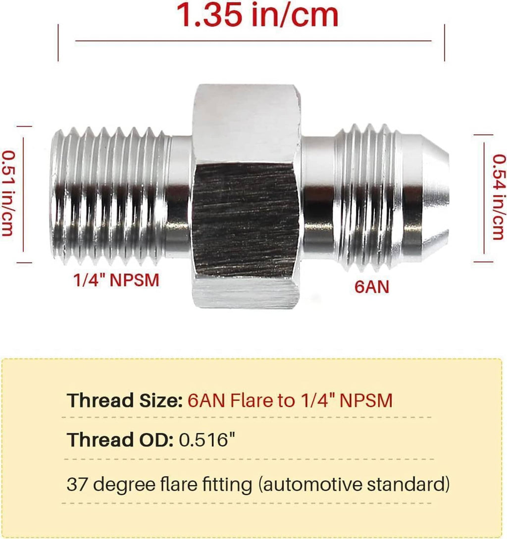 Metal 6AN flare to 1/4" NPSM adapter fitting with hex coupling and threaded ends.