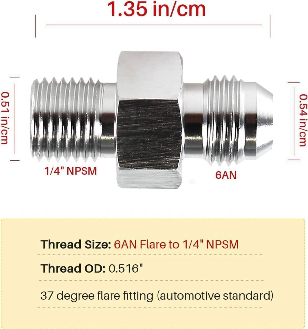 Metal 6AN flare to 1/4" NPSM adapter fitting with hex coupling and threaded ends.
