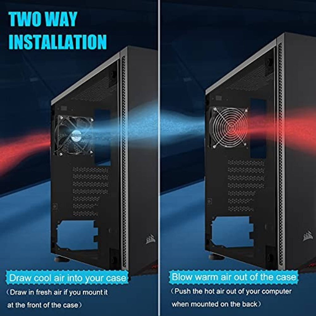 80mm square brushless fan mounted in a computer case, showing airflow direction
