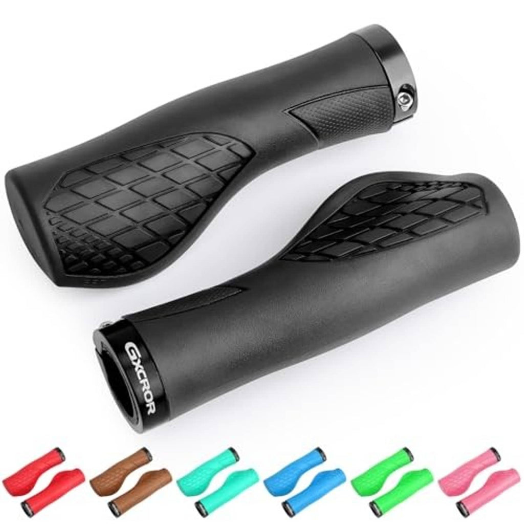 Black dual-density bike grips with textured palm area and metal locking end cap