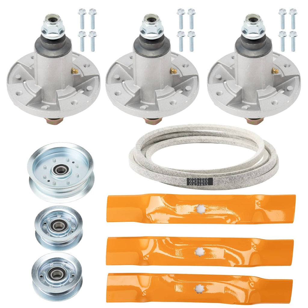 Spindle housings, pulleys, and gray drive belt with included bolts and fasteners