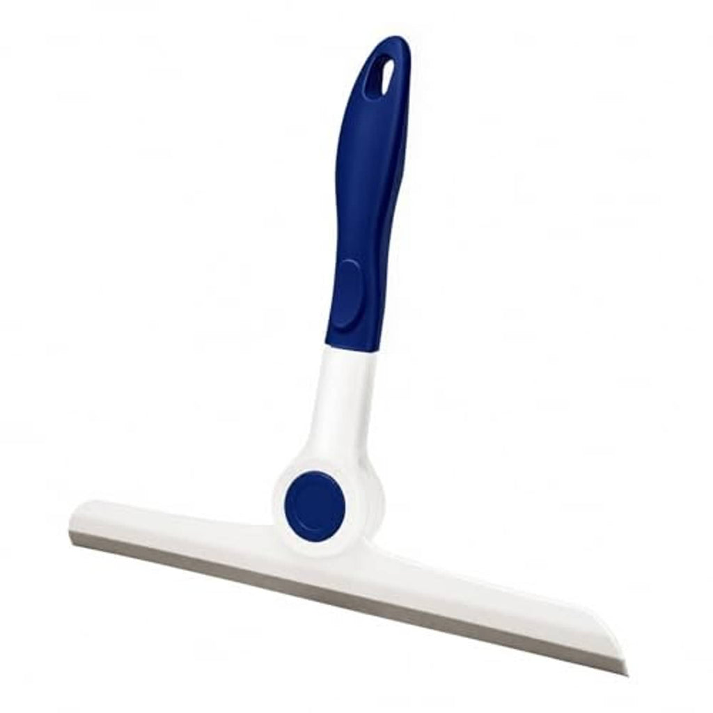 Blue-and-white window squeegee with pivot joint and gray rubber blade for glass.