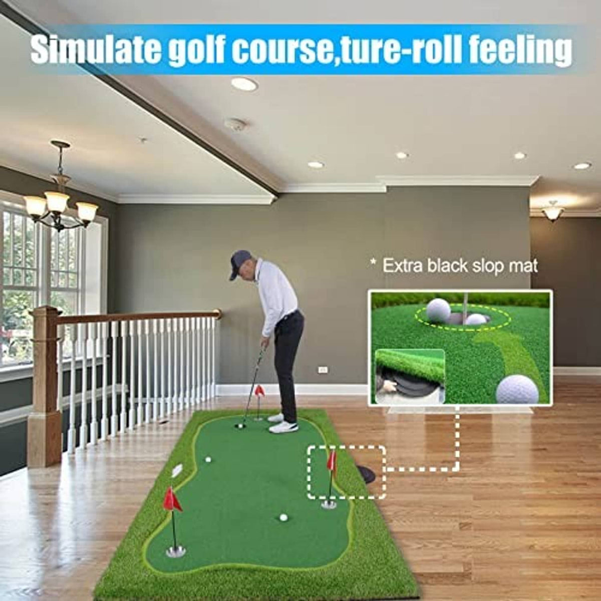 Green indoor/outdoor putting green mat with red flags and ball targets in a living space