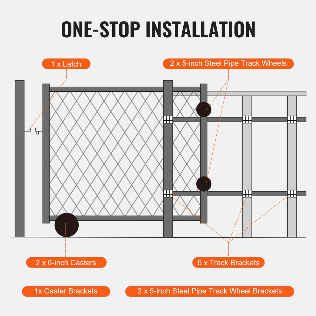 Sliding gate roller kit with latch, casters, and track brackets for installation