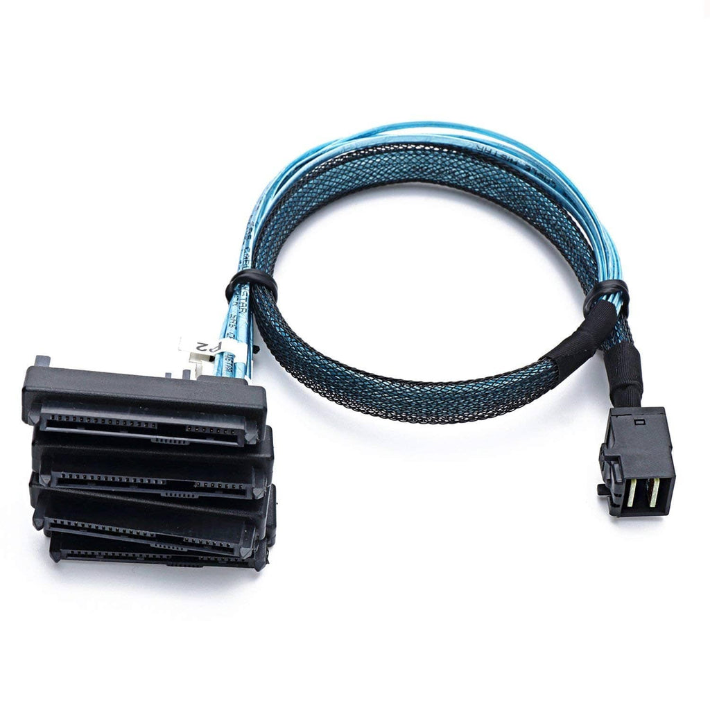 Internal mini SAS HD breakout cable with four 29-pin SFF-8482 connectors on blue braid