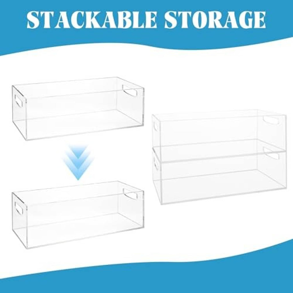 Set of clear stackable acrylic storage boxes with cut-out carry handles