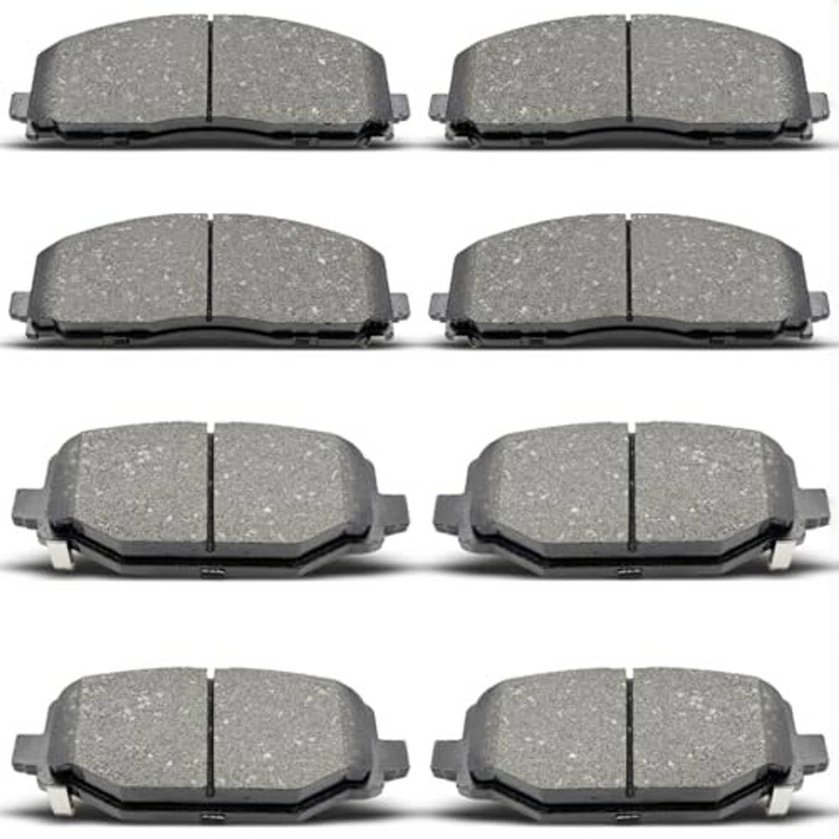 Ceramic brake pads set showing multiple gray pad faces with black backing plates