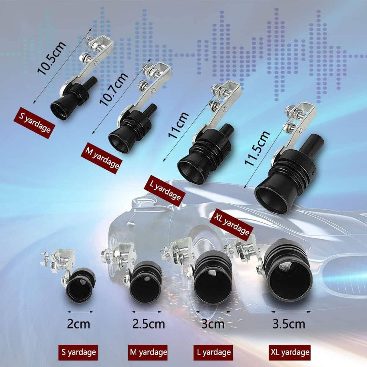 Set of black turbo whistle exhaust adapters with silver clamps and metal bolts