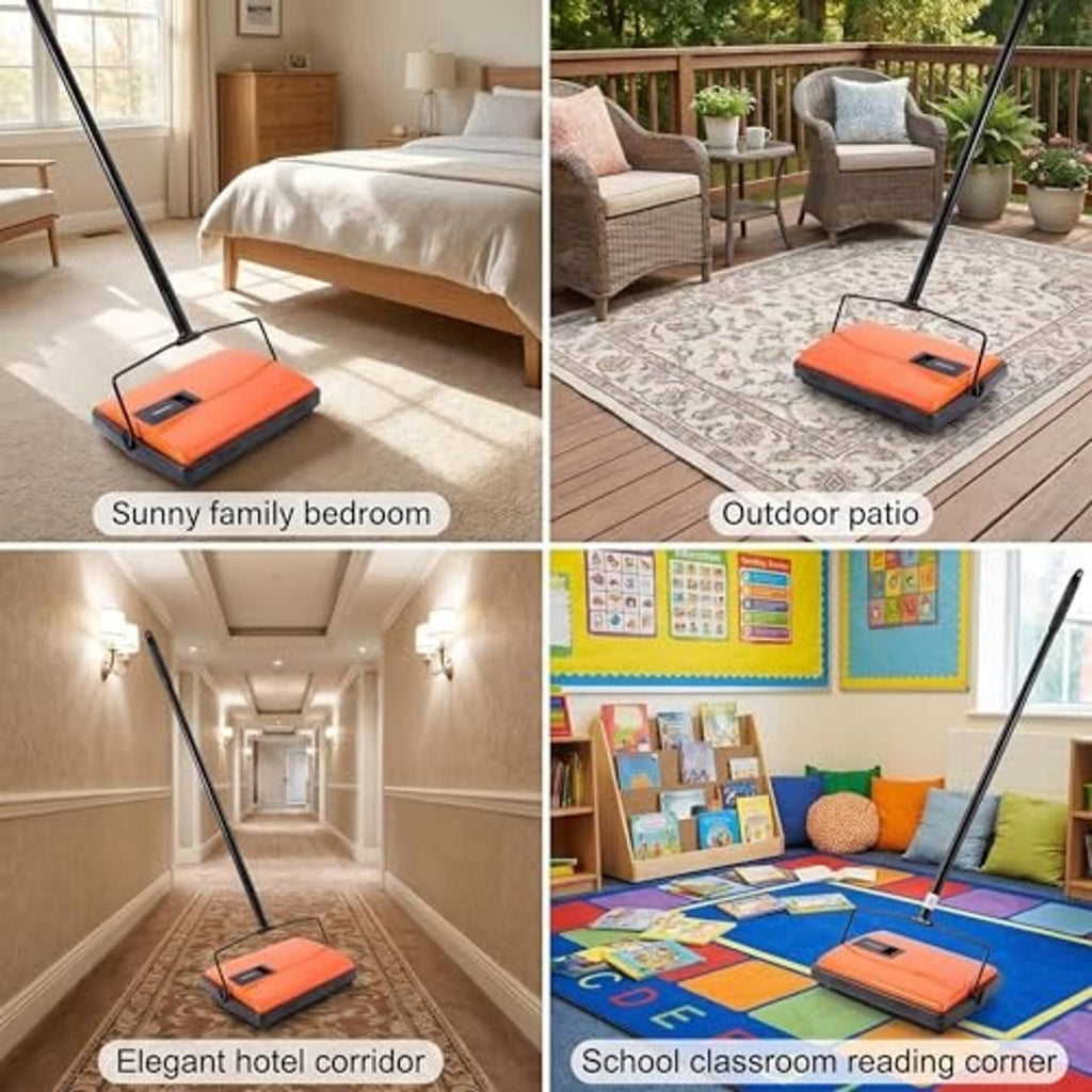 Orange manual floor sweeper shown in indoor rooms, black handle and base
