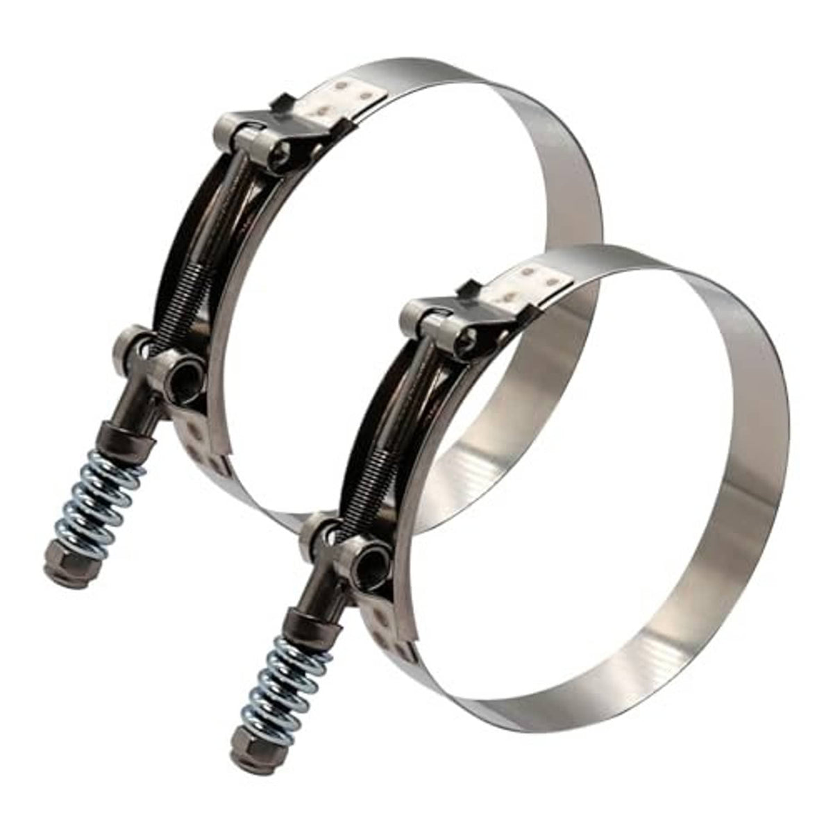 Stainless steel T-bolt hose clamps with spring-loaded bolts, two clamps shown