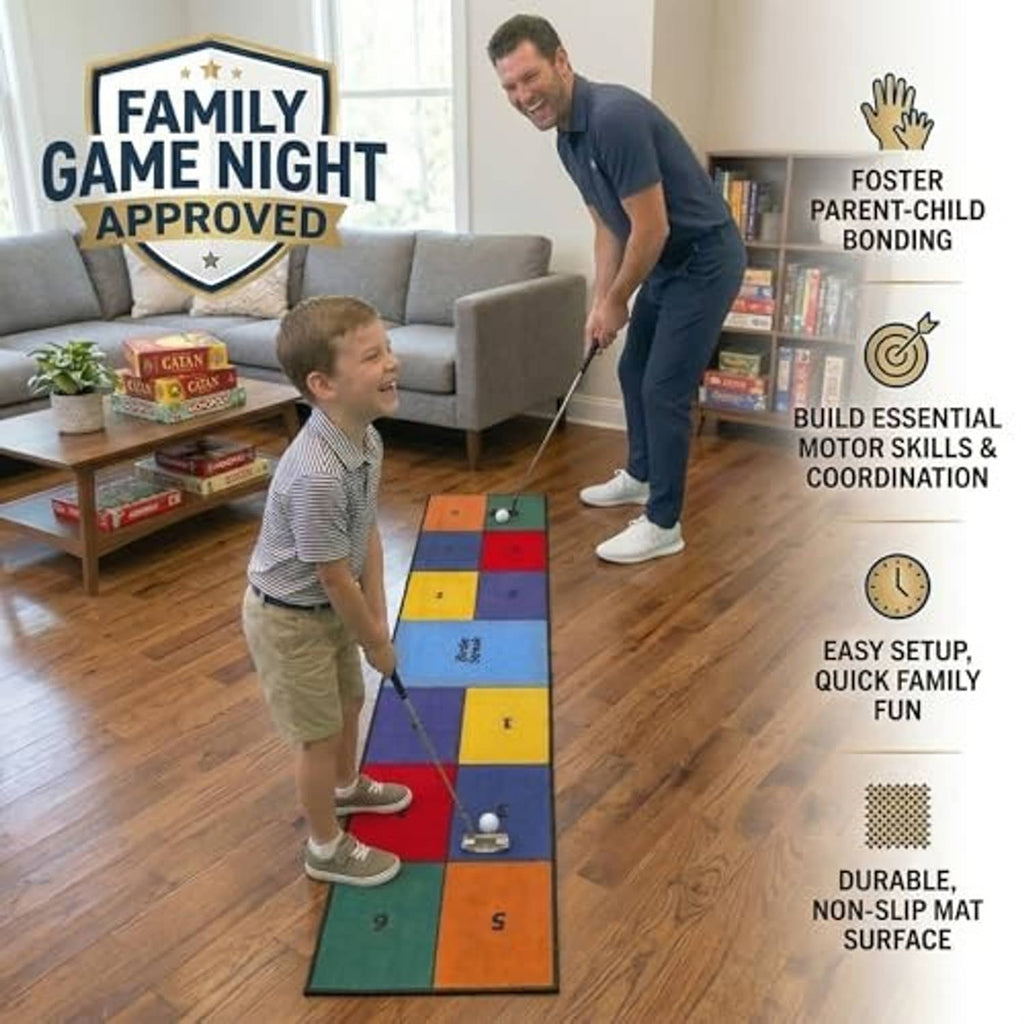 Indoor golf putting mat with multicolor square lanes and four cup targets on wood floor