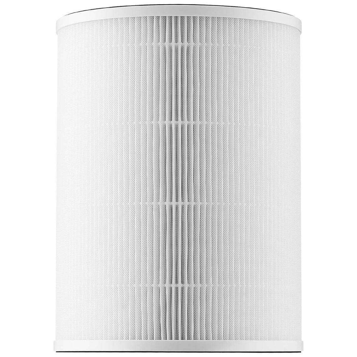 White cylindrical replacement air filter with pleated walls and black-rimmed top opening