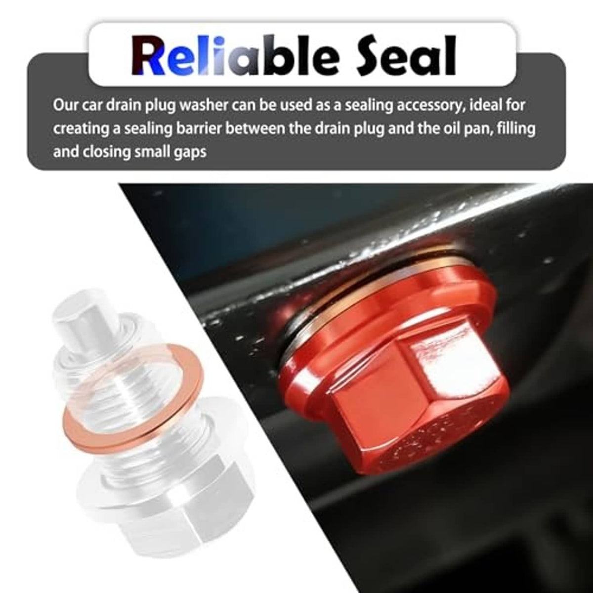 Oil drain plug crush washer seals shown on a drain plug, copper-colored gasket