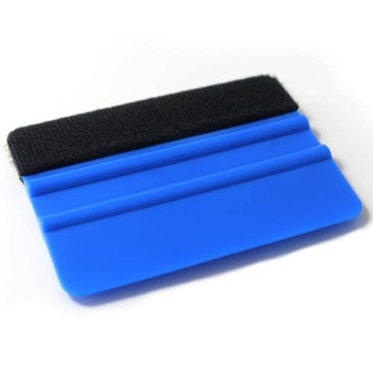 Blue vinyl scraper squeegee tool with a black felt edge