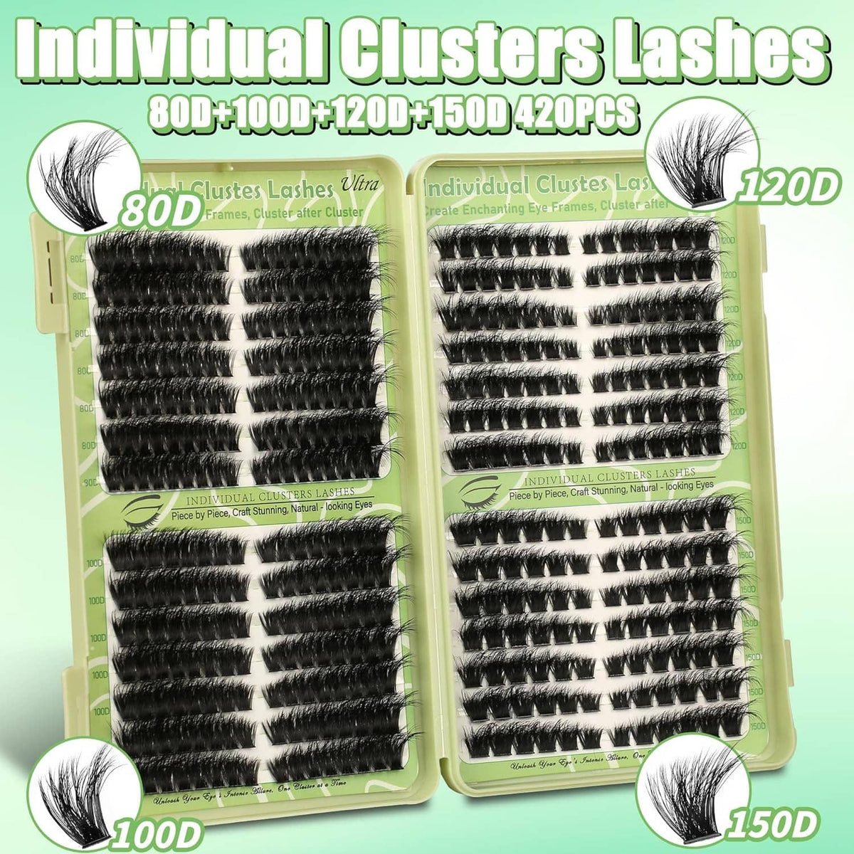 Black wispy individual lash cluster trays labeled 80D, 100D, 120D, 150D, 420pcs