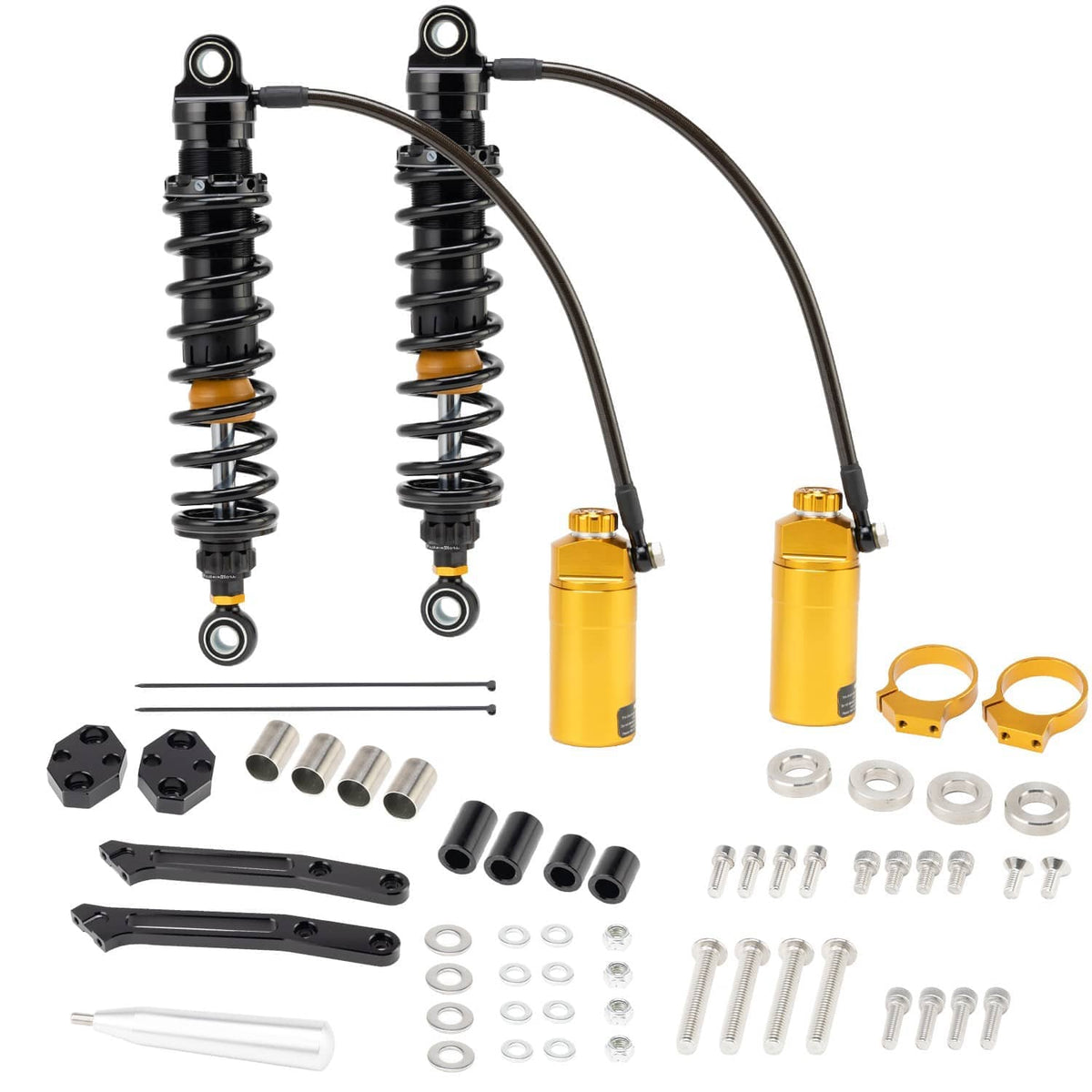 Remote reservoir rear suspension shocks with two black coil shocks, gold reservoirs, and kit parts