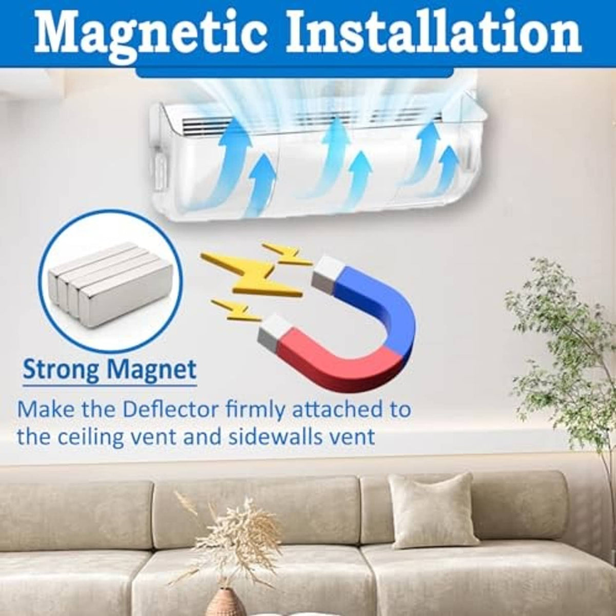 Clear vent deflector attached magnetically over a ceiling vent grille